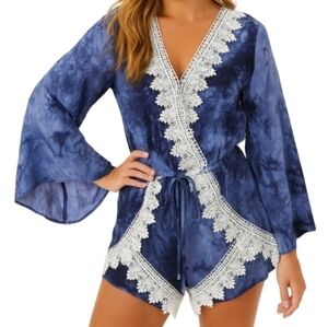 NEW Jodifl Streych Rayon Blue Tie Dye Crochet Lace Trim Bell Sleeve Romper